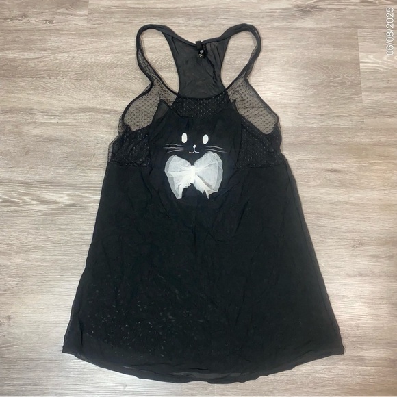 Hot Topic Black Mesh Cat Tank Top Size Large Sheer Bow Kawaii Goth - Picture 3 of 9